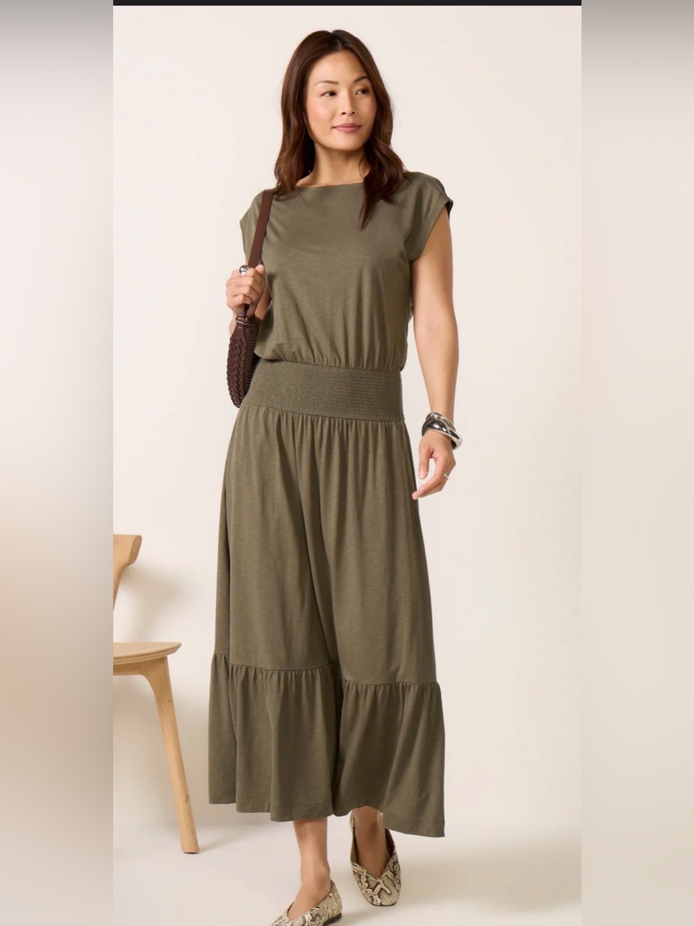 Nation Los Angeles Evonne Olive Green cotton Tiered Midi Dress XL